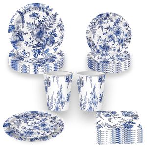 Juego de Vajilla Desechable DAMAI con Diseño de Flores Azules y Blancas, Incluye Platos, Vasos y Servilletas para Decoración de Bodas y Fiestas de Cumpleaños - Product Image 4