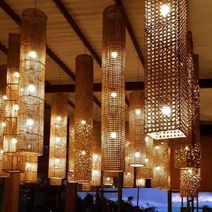 Lampes suspendues en rotin, forme cylindrique longue, base d'ampoule E27, lustre à six têtes pour la maison, éclairage de style Zen - Product Image 1