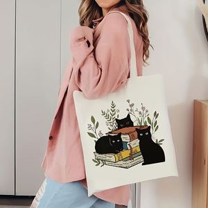 Sac fourre-tout en toile imprimé avec illustration florale de chat noir, réutilisable, grande capacité, sac de courses, cadeau pour femme, livre - Product Image 3