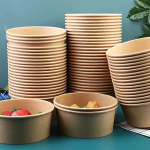 Paper Take Away Box Salad Bowl Sushi Restaurant Box Round Noodle Kraft Paper Bowl With Clear Lid