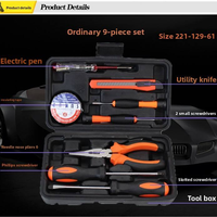 Nouvel ensemble d'outils combinés en acier au carbone de 9 pièces, petite taille, boîte à outils pour l'entretien domestique, pinces, tournevis, clés ajustables, ruban adhésif