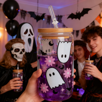 Impression personnalisée en gros 15oz 450ml tasse à café de jus d'eau peut façonner le verre à bière avec paille et couvercle en bambou pour Halloween