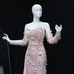 Gaun Malam Putri Duyung Jancember LSZ342 Pink Bulu Mutiara Payet dengan Lengan - Product Image 3