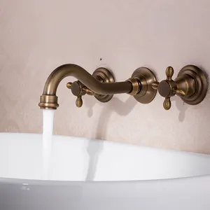 Klasik Dipasang Di Dinding Pegangan Ganda Kuningan Antik Dua Tombol Basin Mixer Tekan Kamar Mandi Basin Sink Faucet