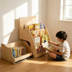 Estantería para niños de madera maciza, 4 niveles con cajón, almacenamiento multifuncional para libros, juguetes, papelería - Product Image 1