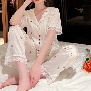 Mulheres Custom Verão Manga Curta Satin Lace Pijama Set Ice Seda Térmica Pijamas Pijama - Product Image 1