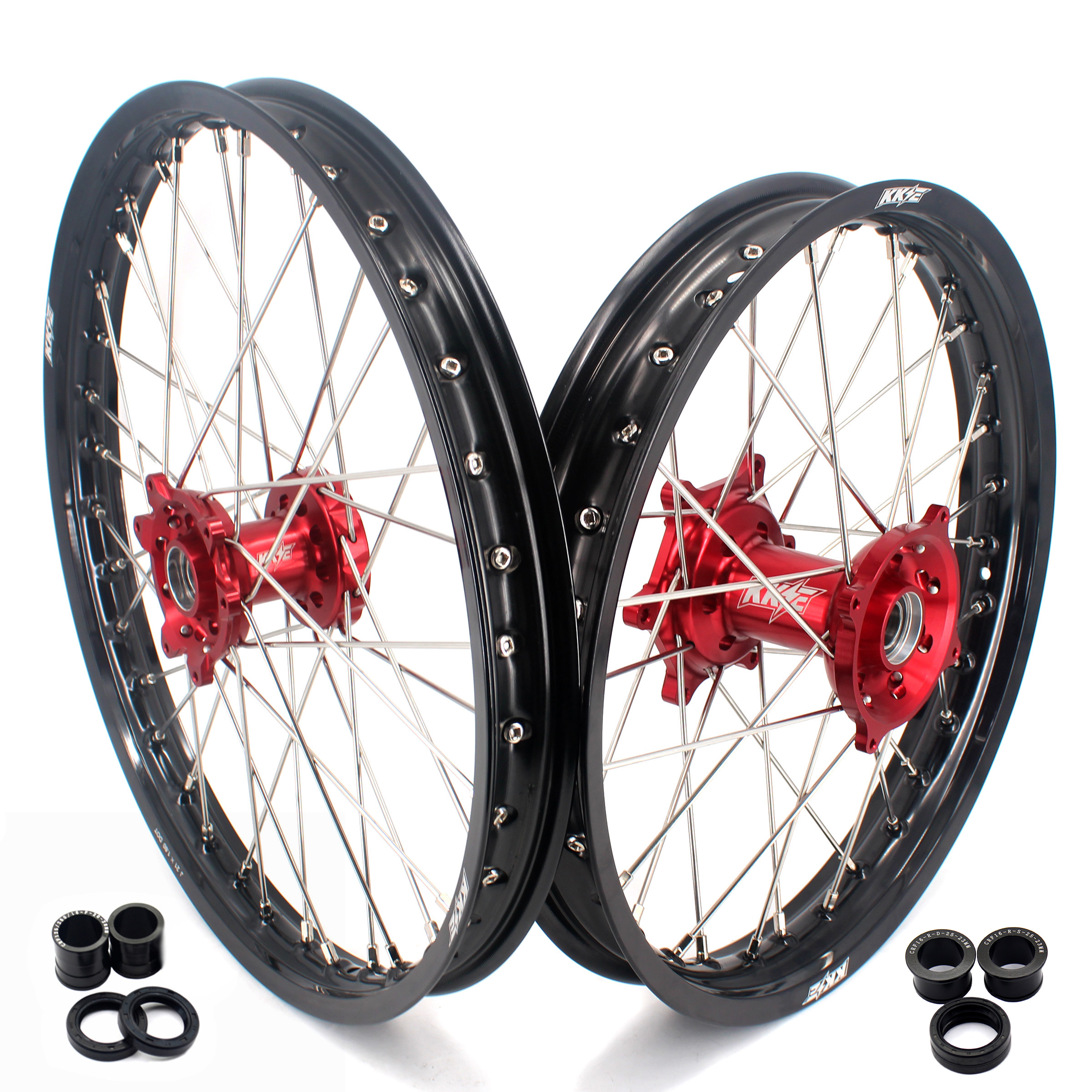 KKE 21/19 комплект колесных дисков для мотоцикла CNC Supermotard, совместимых с HONDA CRF250R CRF450R, красный/черный ступицы, черный обод