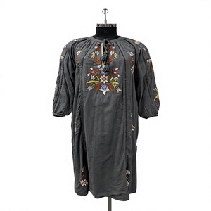 Vestido Maxi Boho Bordado de Manga Larga, Corte Holgado, Estampado Floral, Cuello con Lazos, Lino y Algodón, Vestido Casual para Todas las Temporadas - Product Image 1