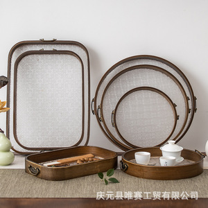 Bandeja de madera de bambú con base acrílica, redonda, para servir té, para uso doméstico, con asa. - Product Image 4