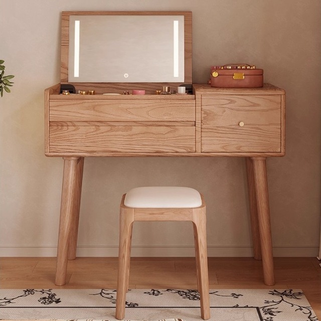 Solid White Oak Wood Eco-Friendly Convertible Flip-Top Dressing Table All-in-One Vanity Desk Lighted Mirror for Small Bedroom