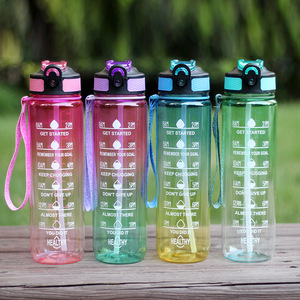 Bouteille d'eau de sport dégradée colorée de grande capacité avec poignée de couvercle à rabat Équipement de fitness en plastique transparent pour le camping - Product Image 2