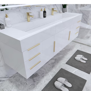 Mueble de Baño Moderno de Lujo Blanco y Dorado, Espejo LED Redondo Montado en la Pared, <span class=keywords><strong>Tocador</strong></span> con Encimera de Mármol y Lavabos Dobles de Cerámica - Product Image 3