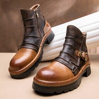 Bottes de moto style rétro pour hommes, nouvelle collection automne-hiver, bottes courtes en cuir véritable à semelle épaisse, chaussures pour hommes