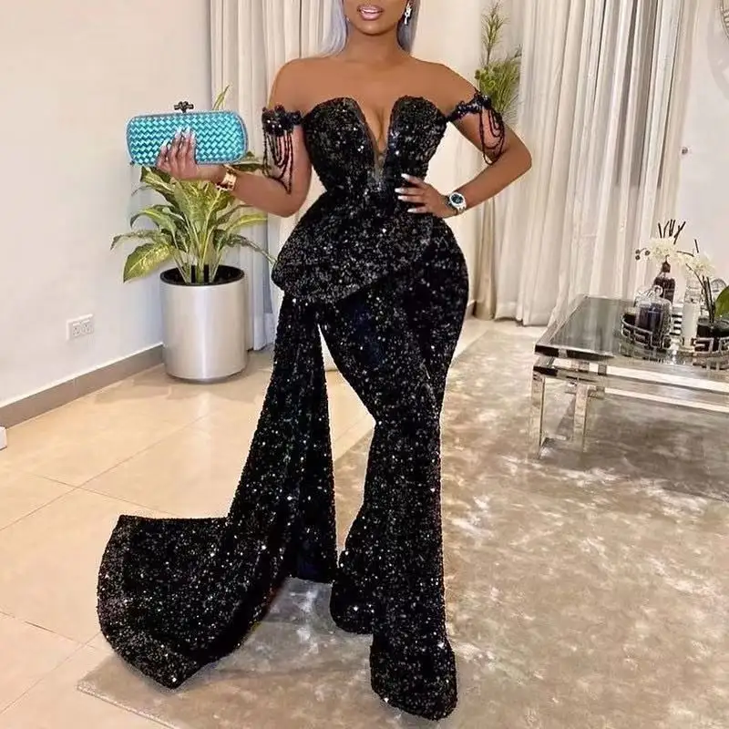 Dresses 2022 High Quality Fashion New Style Women's Sexy Contracted V Neck Show Dew Back Party Jumpsuit Plus Size Abendkleid