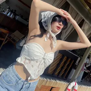 2024 Summer style Women's Casual Tube Top O-Neck Lace See-Through Vest 100% Polyester Holiday Design tank top