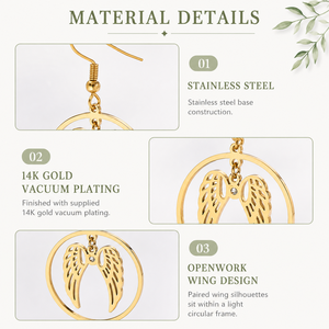 Boucles d'oreilles pendantes Ailes d'Ange en Acier Inoxydable Plaqué Or 14K par Galvanoplastie Sous Vide, Cercle Ajoure, 23 x 28 mm, 3,7 g - Product Image 4