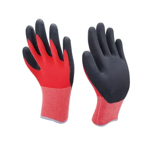 15G de nailon rojo y Spandex, guantes finos de nitrilo de espuma lavada con microespuma de nitrilo negro