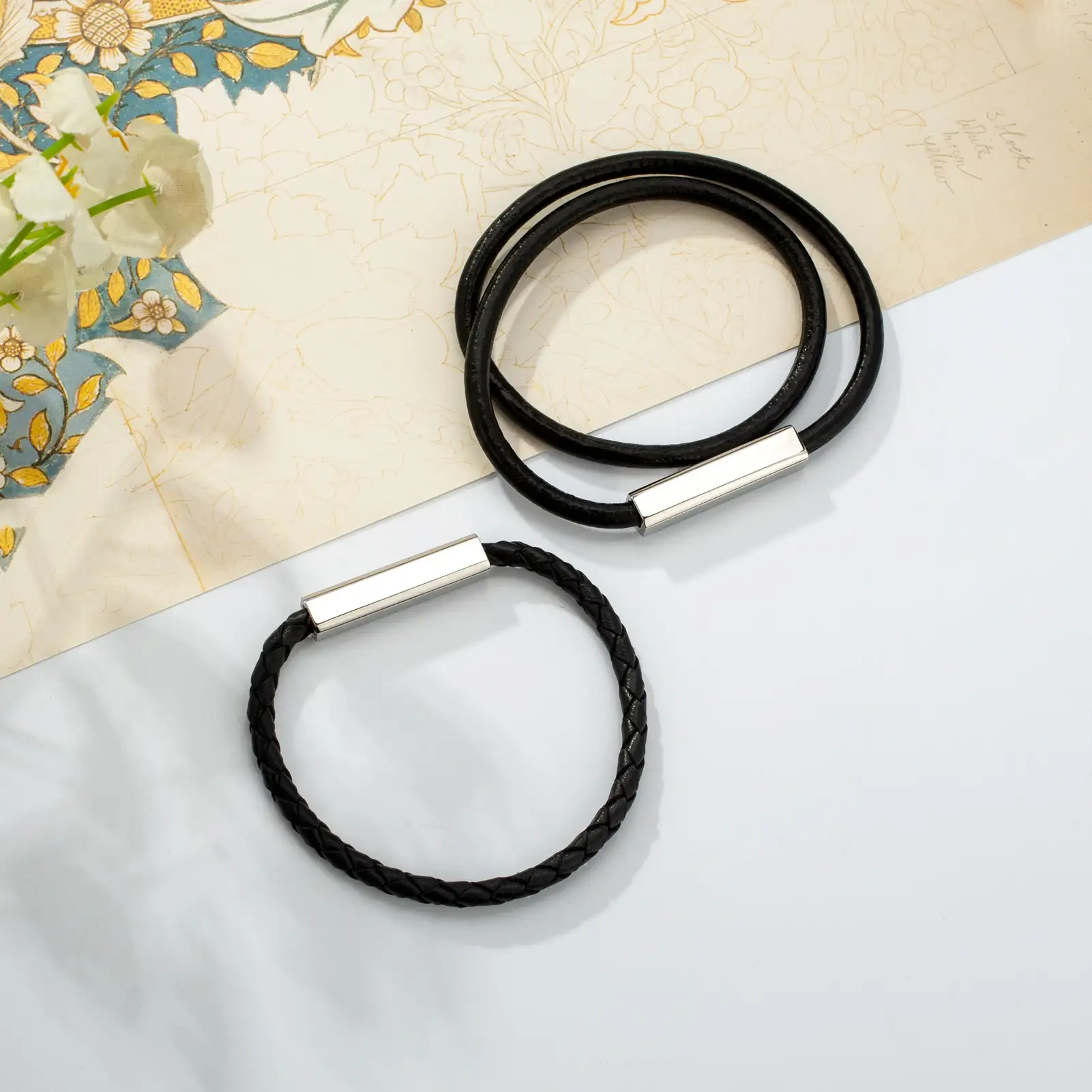 Bracciale in pelle da uomo in tessuto nero con magnete in acciaio inossidabile a doppio anello con Design personalizzato Loftily