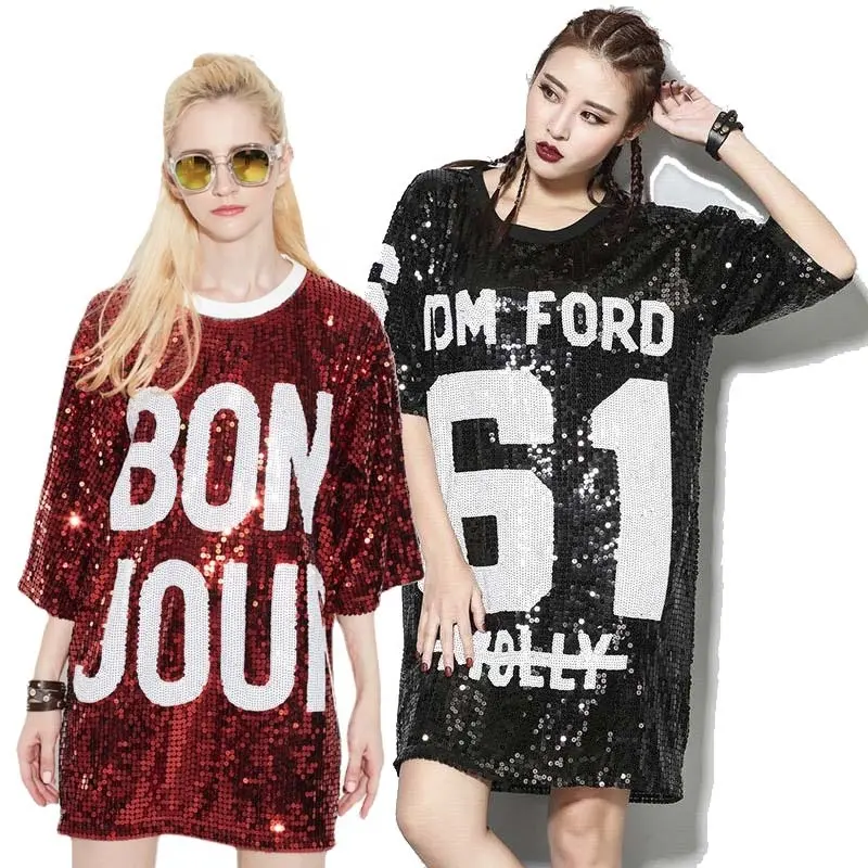 Womens Glitter T Shirts Silber Sequin Top Bling Long Shirt Sports Clothes Molly Football Jersey Dress Occasion Dresses