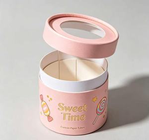 Custom Eco-Friendly Pink Round Paper Tube <b>Box</b> with Gold Foil Printing and <b>Clear</b> Window <b>Lid</b> for Candy and <b>Gift</b> Packaging - Product Image 1