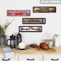 Letrero metálico largo con temática de hamburguesas, decoración retro para pared de cocina de comida rápida, placa de hojalata con efecto envejecido con la frase Enjoy Our Burgers para restaurante