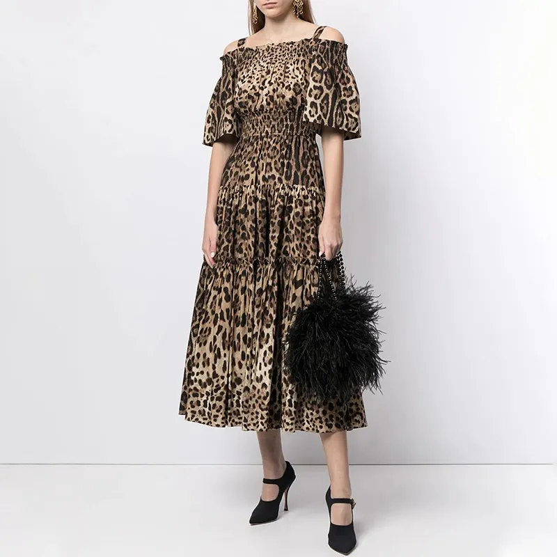 2023 Fashion Summer Trendy Off Shoulder Leopard Print Shirred Brown Women Short Sleeves Midi Dress