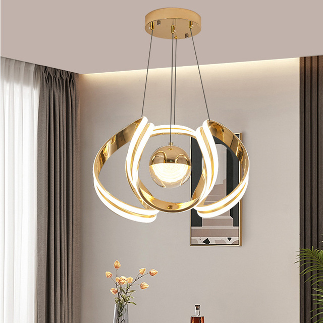 LED Pendant Light for Living Room Adjustable Height Remote Control Gold Finish Aluminum Glass Nordic Design 3000-6000K Color