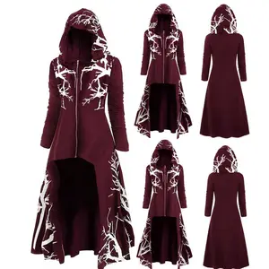 ハロウィンドレスアップマントフード付きマント裾不規則な印刷長袖ジャケットプリント中世の女性ホラーウィザード服