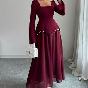 فستان نسائي جديد طويل وأنيق بياقة مربعة وأكمام طويلة مزين باللؤلؤ ومرقع، فستان طويل أنيق وبسيط وراقي - Product Image 1