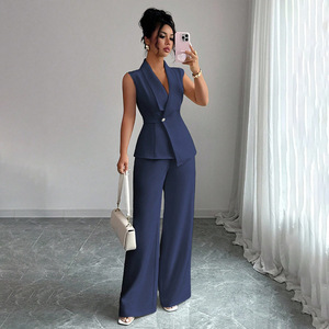 Ensemble de costume sans manches pour femmes, couleur unie, pantalon droit, deux pièces, vêtements de travail décontractés, Smlxlxxl - Product Image 2