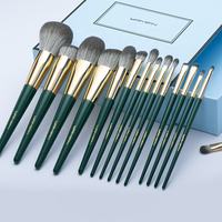 Ensemble de 15 pinceaux de maquillage personnalisés YMF de luxe, échantillon gratuit, écologiques, vegan, poils synthétiques doux, étiquette privée, couleur verte