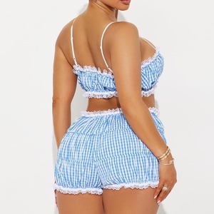 เสื้อครอปฤดูร้อน & กางเกงลายตารางจับจีบแฟชั่นแนวแฟชั่นสำหรับผู้หญิง - Product Image 4