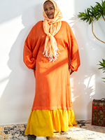 Robe longue ample en lin orange vif avec col et ourlet à volants jaunes, style Abaya modeste, pour femmes musulmanes, été, respirante, écologique, OEM