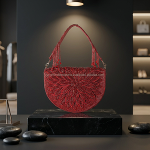 Red Beaded Pearl Evening Clutch Bag Flap Closure Handmade Shoulder Bag Party Style Bright India Exports - Product Image 3