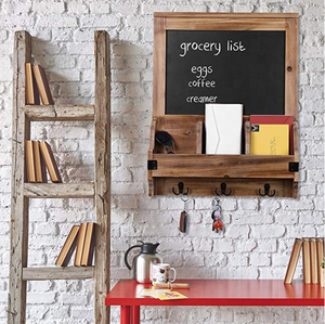 Étagère murale rustique en bois brûlé <span class=keywords><strong>organisateur</strong></span> de <span class=keywords><strong>courrier</strong></span> d'entrée <span class=keywords><strong>mural</strong></span> avec panneau de tableau noir et crochets à clés étagères flottantes en bois - Product Image 4