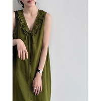 Nouvelle Robe Midi Droite en Lin et Coton à Col en V et Volants, Style Chic Français, Robe Débardeur à Cordon de Serrage pour le Quotidien 2026