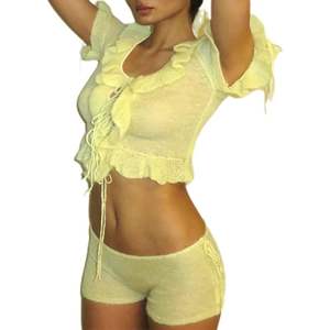 Ensemble tricoté 2 pièces personnalisé pour femme 2026 – Haut court à volants et short respirant – Tenue d'été décontractée à manches courtes - Product Image 1