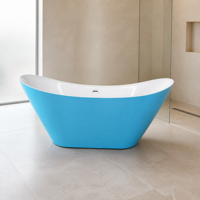Baignoire autoportante en acrylique avec renfort en fibre de verre, intérieur blanc mat, extérieur bleu, avec trop-plein et vidange escamotable