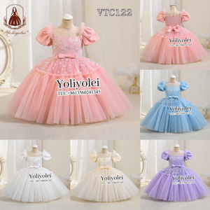 Venta al por mayor Girl Cake <span class=keywords><strong>Tutu</strong></span> Dress Fluffy Sequin Puff Sleeve Big Bow Flower Girl Party Birthday Dress para niñas de 4 a 12 años - Product Image 6