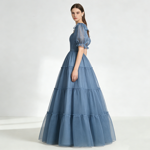 Robes pour femmes à col carré, manches courtes bouffantes, en tissu organza, avec ourlet à volants superposés, maxi, formelles, pour <span class=keywords><strong>mariage</strong></span>, mariée, soirée - Product Image 3