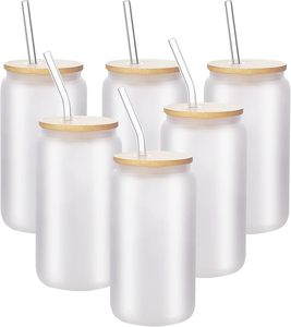 Entrepôt USA stocké 12oz 16oz clair givré sublimation blancs verre Mason Jar bière peut tasse en verre avec couvercle en <span class=keywords><strong>bambou</strong></span> et paille - Product Image 1