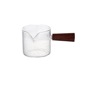 ダブルマウスミルクコーヒーカップエスプレッソホウケイ酸ガラスマグメジャーカップ、木製ハンドル付き