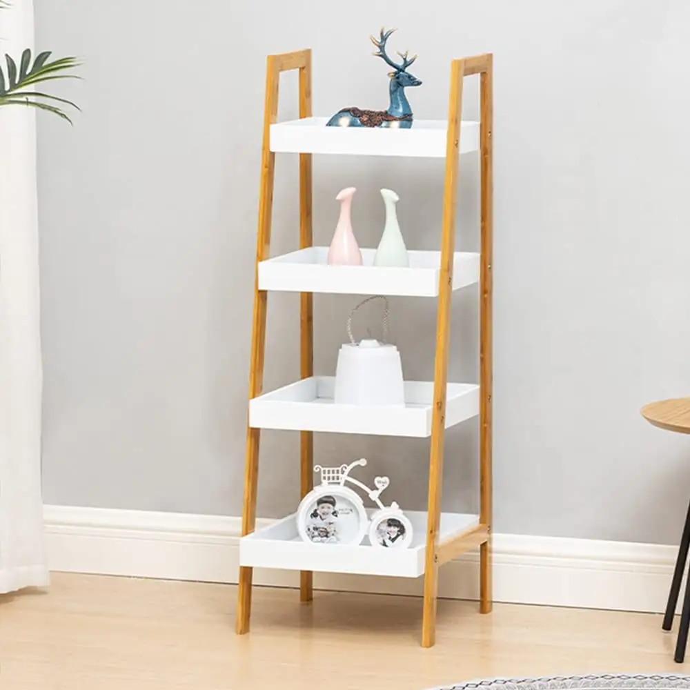 Modern Small Corner Ladder Shelf Living Room Kitchen Bathroom 4 Tier Bamboo Ladder Shelf