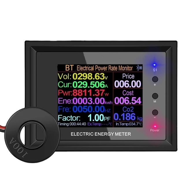 100A AC50-300V 2.4-Inch Digital Power Energy Meter Wattmeter Indicator Ammeter Current Volt Amps Tester Frequency Detector