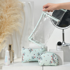 Floral Print Three-Piece Zipper Closure Casual Waterproof Makeup Bag Set PVC <strong>Travel</strong> Portable Everyday Use <strong>Washbag</strong> - Product Image 4