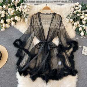 Sfy2990 Nueva Llegada, Lencería Larga y Sensual para Mujer, Conjunto de Bata Transparente para el Día de San Valentín, Lencería Larga con Ribete de Piel para Mujer, Bata Sexy - Product Image 2