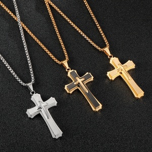 Collier pour homme en acier inoxydable 316L, classique, avec pendentif croix Jésus plaqué or 18 carats, résistant au ternissement, bijoux chrétiens pour homme - Product Image 1
