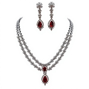 Ensemble collier et boucles d'oreilles en cristal plaqué argent avec pierres en rubis taille poire, bijoux de mariage classiques pour femmes - Product Image 2