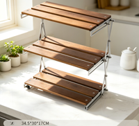 Table de camping pliable légère et portable à 3 niveaux en bois massif avec base trépied carrée moderne en acier inoxydable