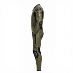 Traje de Motociclismo de Cuero Verde Oliva y Negro para Hombre, Resistente al Viento, con Bloques de Color y Protección - Product Image 3